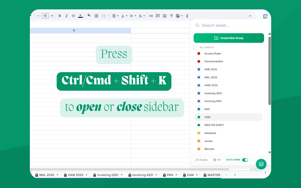 Sheets Organizer sidebar extension being opened with a keyboard shortcut